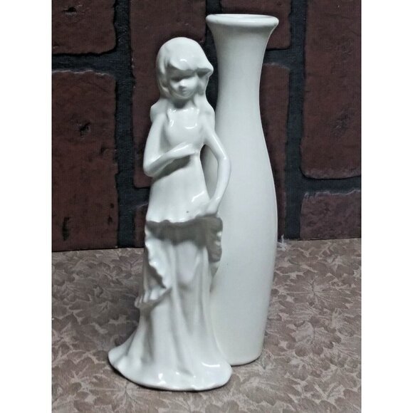 Vintage MCM Bud Vase w/Lady/woman Ceramic 7 3/4" white w/hint of blue Gorgeous - Picture 2 of 9